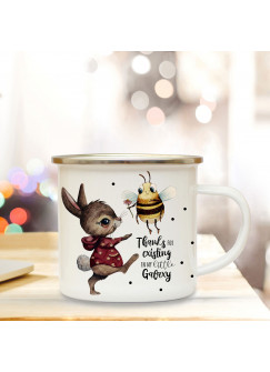 Emaille Becher Camping Tasse Motiv Hase & Biene Spruch Thanks for existing... Kaffeetasse Geschenk Spruchbecher eb341