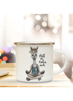 Emaille Becher Camping Tasse Motiv Alpaka Yoga Spruch Chill mal drüber nach Kaffeetasse Geschenk Spruchbecher eb344