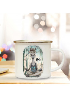 Emaille Becher Camping Tasse Motiv Lama Yoga im Wald & Wunschname Name Kaffeetasse Geschenk eb347