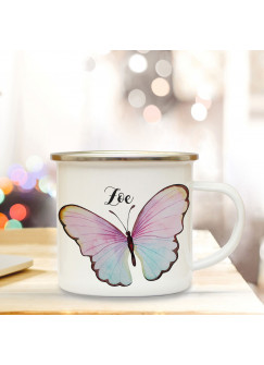 Emaille Becher Camping Tasse Motiv bunter Schmetterling & Wunschname Name Kaffeetasse Geschenk eb348