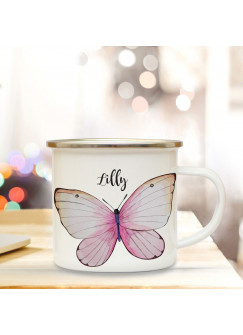 Emaille Becher Camping Tasse Motiv schöner Schmetterling & Wunschname Name Kaffeetasse Geschenk eb349