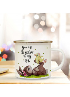 Emaille Becher Camping Tasse Motiv Hase & Ente Spruch You are the yellow of my egg Kaffeetasse Geschenk Spruchbecher eb350