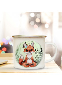 Emaillebecher Becher Tasse Camping Fuchs Yoga Spruch Chill Füchschen im Wald Kaffeetasse Geschenk Spruchbecher eb351 