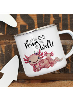 Emaille Becher Camping Tasse Motiv Axolotl mit Kinder Spruch Beste Mama der Welt Kaffeetasse Geschenk Spruchbecher eb354