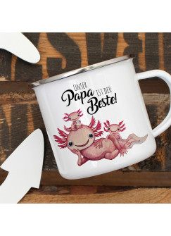 Emaille Becher Camping Tasse Motiv Axolotl Papa mit Kinder Spruch Papa der Beste Kaffeetasse Geschenk Spruchbecher eb355