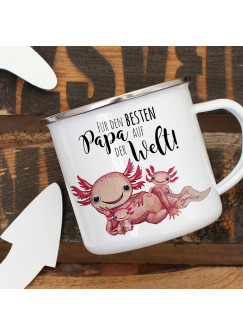 Emaille Becher Camping Tasse Motiv Axolotl Papa mit Kinder Spruch Besten Papa der Welt Kaffeetasse Geschenk Spruchbecher eb356