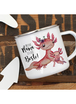 Emaille Becher Camping Tasse Motiv Axolotl mit Kinder Spruch Mama ist die Beste Kaffeetasse Geschenk Spruchbecher eb357