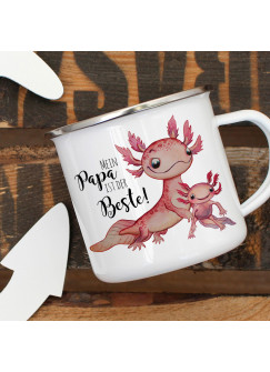 Emaille Becher Camping Tasse Motiv Axolotl mit Kinder Spruch Papa ist der Beste Kaffeetasse Geschenk Spruchbecher eb358