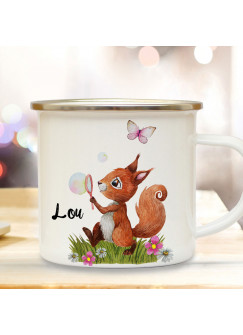 Emaille Becher Camping Tasse Motiv Eichhörnchen Seifenblase mit Schmetterling & Wunschname Name Kaffeetasse Geschenk eb360