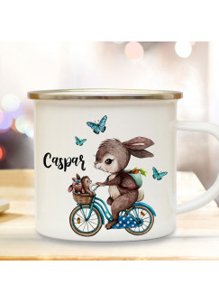 Emaille Becher Tasse Kaffeebecher Hase auf Fahrrad & Wunschname Geschenk eb361