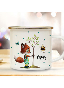 Emaille Becher Camping Tasse Motiv Fuchs pflanzt Baum mit Biene & Wunschname Name Kaffeetasse Geschenk eb362