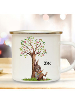 Emaille Becher Camping Tasse Motiv Hase Häschen unterm Blütenbaum Baum & Wunschname Name Kaffeetasse Geschenk eb363