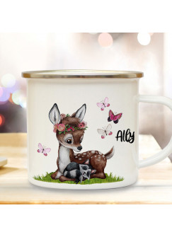 Emaille Becher Camping Tasse Motiv Reh Waschenbär mit Schmetterlinge & Wunschname Name Kaffeetasse Geschenk eb365