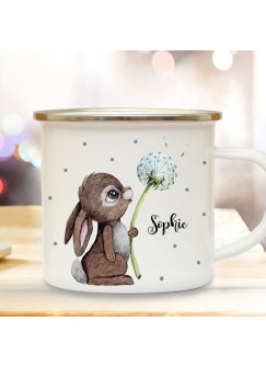 Emaille Becher Camping Tasse Motiv Hase Häschen mit Pusteblume & Wunschname Name Kaffeetasse Geschenk eb366