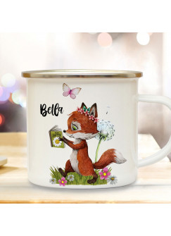 Emaille Becher Camping Tasse Motiv Fuchs Füchschen mit Buch & Wunschname Name Kaffeetasse Geschenk eb367