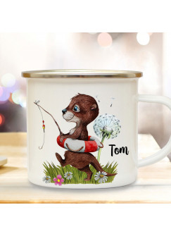 Emaille Becher Camping Tasse Motiv Otter angelt mit Schwimmring Pusteblume & Wunschname Name Kaffeetasse Geschenk eb368