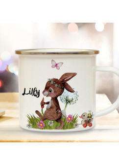 Emaille Becher Camping Tasse Motiv Hase Häschen hinterherzieh Tier Pusteblume & Wunschname Name Kaffeetasse Geschenk eb369