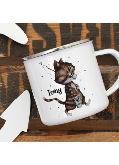 Emaillebecher Becher Tasse Camping Kater Katze Kätzchen Angelkatze Angel & Wunschname Name Kaffeetasse Geschenk eb370