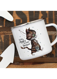 Emaille Becher Camping Tasse Kater Katze Kätzchen Angelkatze Angel Spruch Kleiner Angler Kaffeetasse Geschenk Spruchbecher eb371