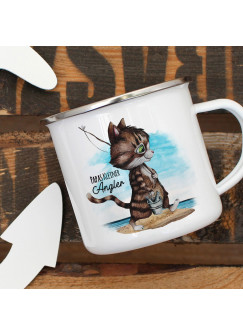 Emaille Becher Camping Tasse Kater Katze Kätzchen Angelkatze Angel Spruch Papas kleiner Angler Kaffeetasse Geschenk Spruchbecher eb372