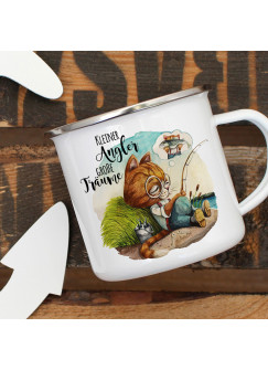 Emaille Becher Camping Tasse Kater Katze Kätzchen Angelkater Angel Spruch Kleiner Angler Kaffeetasse Geschenk Spruchbecher eb374