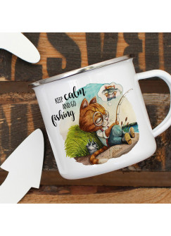 Emaille Becher Camping Tasse Kater Katze Kätzchen Angelkater Angel Spruch Keep calm and go fishing Kaffeetasse Geschenk Spruchbecher eb375