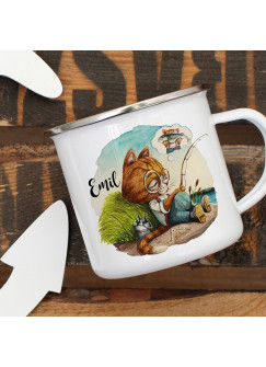 Emaillebecher Becher Tasse Camping Kater Katze Kätzchen Angelkater Angel & Wunschname Name Kaffeetasse Geschenk eb376