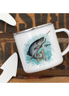 Emaillebecher Becher Tasse Camping Meerforelle Lachsforelle Fisch & Wunschname Name Kaffeetasse Geschenk eb377