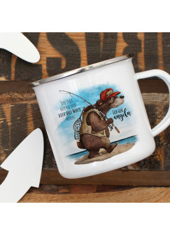 Emaille Becher Camping Tasse Angeler Bär Angel Spruch Ich gehe angeln Kaffeetasse Geschenk Spruchbecher eb378