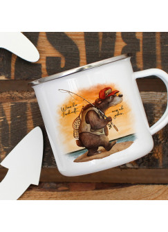 Emaille Becher Camping Tasse Angeler Bär Angel Spruch Wenn der Fisch ruft Kaffeetasse Geschenk Spruchbecher eb379