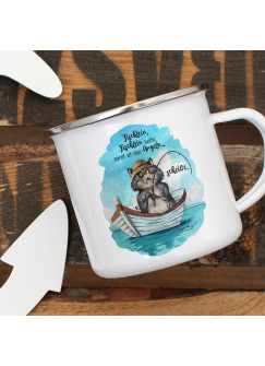 Emaille Becher Camping Tasse Kater Katze Kätzchen Angelkater Angel Spruch Fischlein beiße sonst scheiße Kaffeetasse Geschenk Spruchbecher eb380