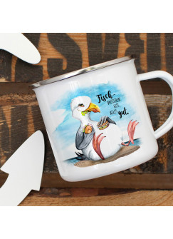 Emaille Becher Camping Tasse Möwe Vogel Spruch Fischbrötchen gut, alles gut Kaffeetasse Geschenk Spruchbecher eb384