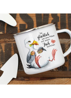 Emaille Becher Camping Tasse Möwe Vogel Spruch Sei glücklich wie eine Möwe Kaffeetasse Geschenk Spruchbecher eb385