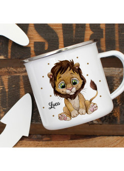 Emaillebecher Becher Tasse Camping Löwe Löwen Junge & Wunschname Name Kaffeetasse Geschenk eb389