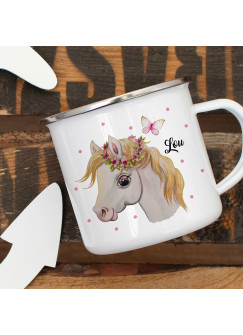 Emaillebecher Becher Tasse Camping Pferd Kopf Schmetterling & Wunschname Name Kaffeetasse Geschenk eb391