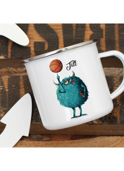 Emaillebecher Becher Tasse Camping Monster Basketball & Wunschname Name Kaffeetasse Geschenk eb392