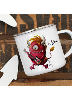 Emaillebecher Becher Tasse Camping Monster Rocker E-Gitarre & Wunschname Name Kaffeetasse Geschenk eb393