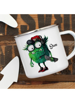 Emaillebecher Becher Tasse Camping Monster Skater Skateboard & Wunschname Name Kaffeetasse Geschenk eb394