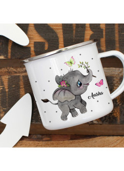 Emaillebecher Becher Tasse Camping Elefant Schmetterlinge & Wunschname Name Kaffeetasse Geschenk eb395