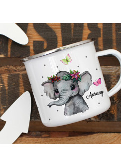 Emaillebecher Becher Tasse Camping Elefant indisch Schmetterlinge & Wunschname Name Kaffeetasse Geschenk eb396