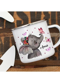 Emaillebecher Becher Tasse Camping Elefant Kopf Schmetterlinge & Wunschname Name Kaffeetasse Geschenk eb398