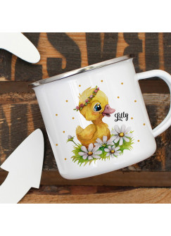 Emaillebecher Becher Tasse Camping Ente Entchen Blumen & Wunschname Name Kaffeetasse Geschenk eb399