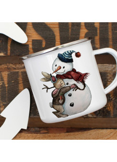 Emaille Tasse Becher mit Schneemann und Hase Häschen Winter Kaffeebecher Freundschaft eb04