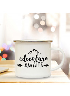 Emaille Tasse Becher mit Bergen & Spruch adventure awaits Kaffeebecher Camping Becher mit Zitat Motto eb40