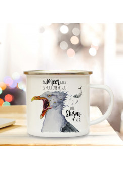 Emaille Becher Camping Tasse Seemöwe Möwe Vogel Spruch Die Sturmfrisur Kaffeetasse Geschenk Spruchbecher eb404