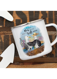 Emaille Becher Camping Tasse Seemöwe Möwe Vogel Möwenpaar Spruch Ans Meer fahren Welt ignorieren Kaffeetasse Geschenk Spruchbecher eb405