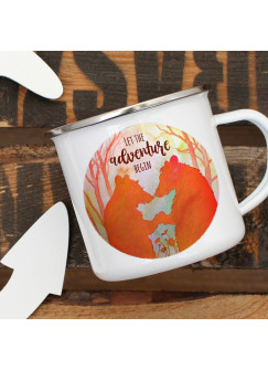 Emaille Becher Camping Tasse Bär Bärenpaar Spruch Let the Adventure begin Orange Wald Kaffeetasse Geschenk Spruchbecher eb406