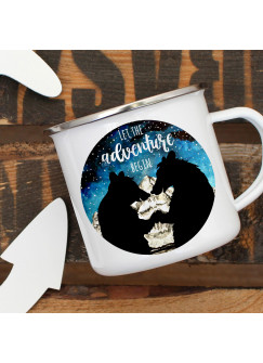 Emaille Becher Camping Tasse Bär Bärenpaar Spruch Let the Adventure begin Schwarz Nacht Kaffeetasse Geschenk Spruchbecher eb407