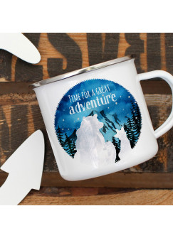 Emaille Becher Camping Tasse Bär und Fuchs Pärchen Spruch Time for a great Adventure Berge Kaffeetasse Geschenk Spruchbecher eb408