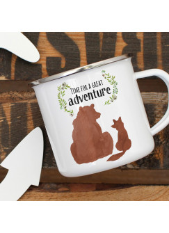 Emaille Becher Camping Tasse Bär und Fuchs Spruch Time for a great Adventure Kaffeetasse Geschenk Spruchbecher eb409